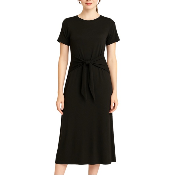 Black Jersey Knit Midi Dress w/ Waist Tie – Comfy & Versatile Wardrobe Essential - Picture 2 of 12